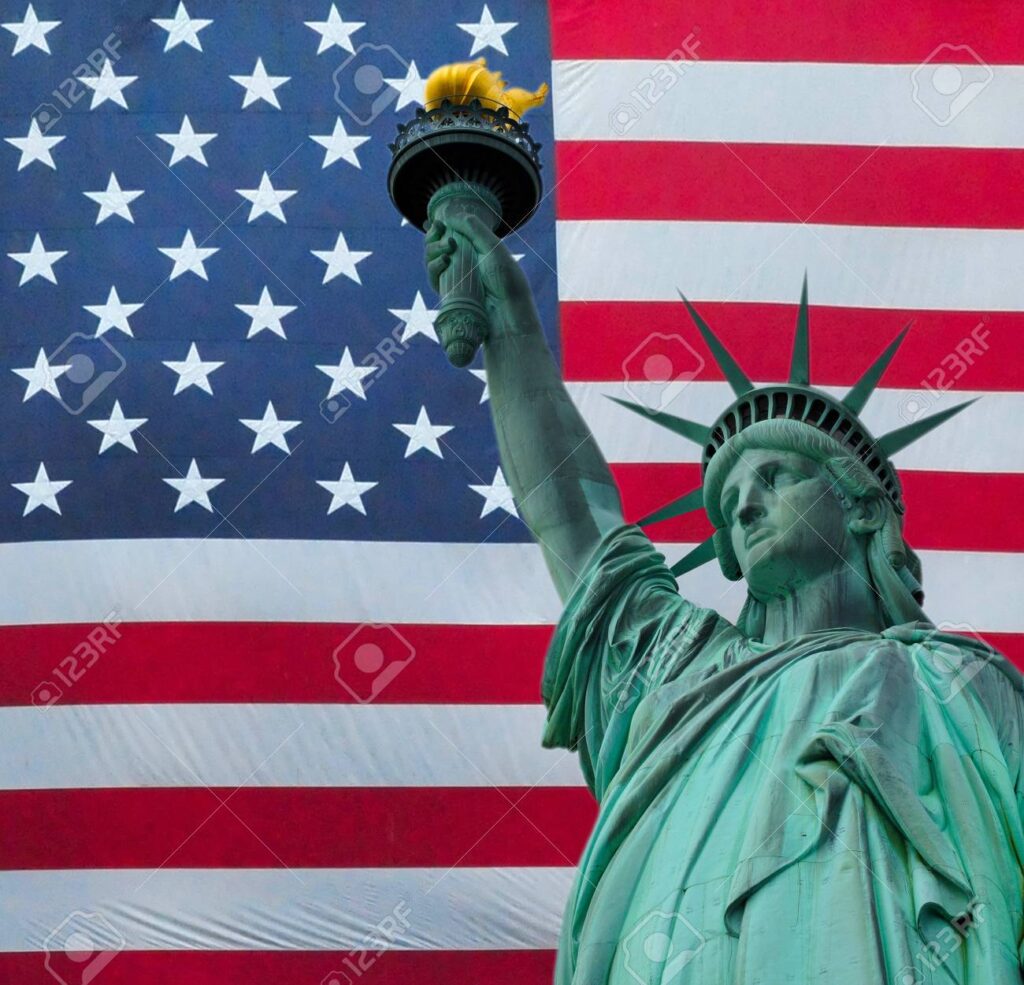 The Statue of liberty over the flag of the United States of America. American Collage background